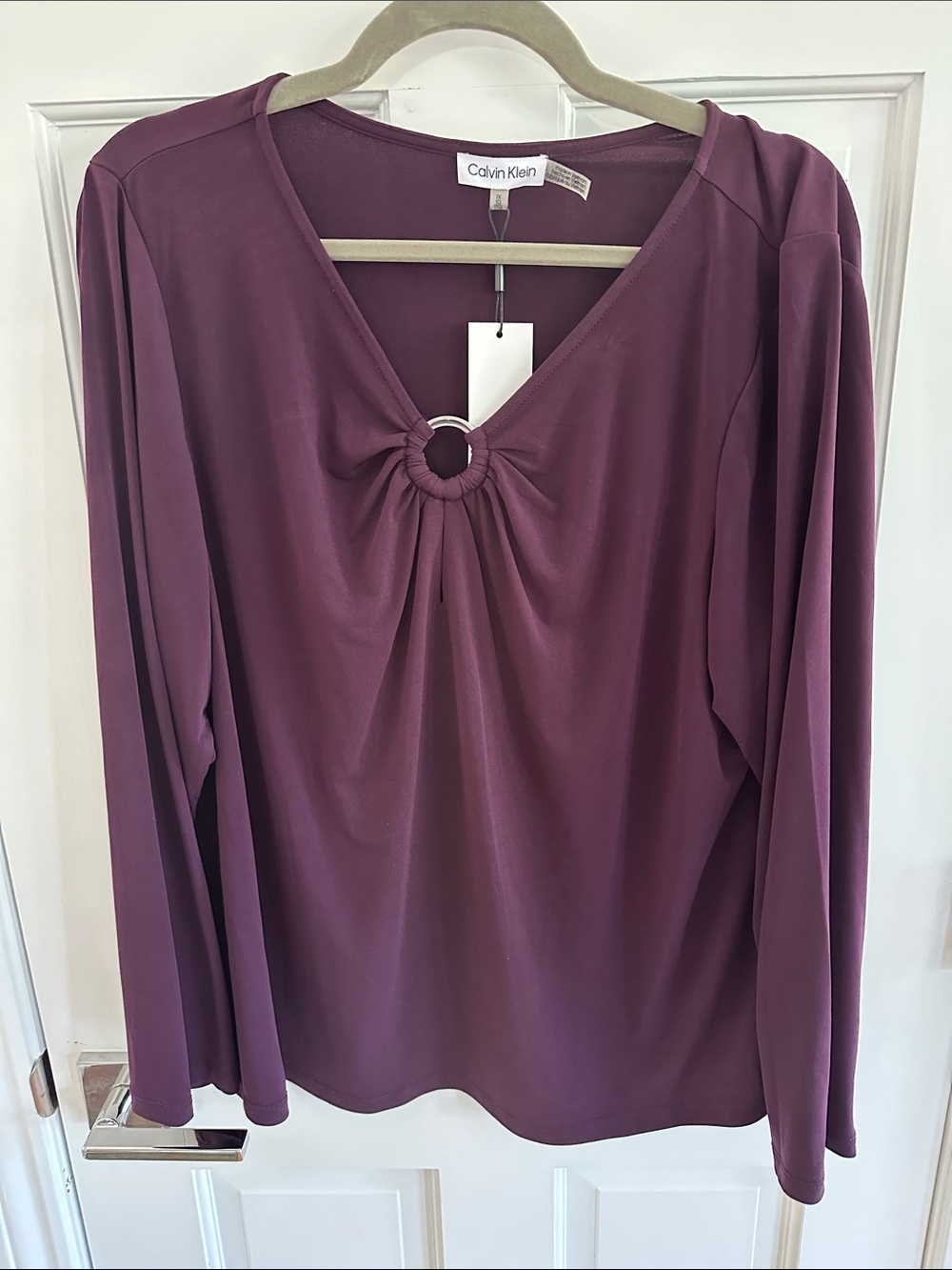 Calvin Klein Deep Plum Long-Sleeve V-Neck Top with Ring Detail